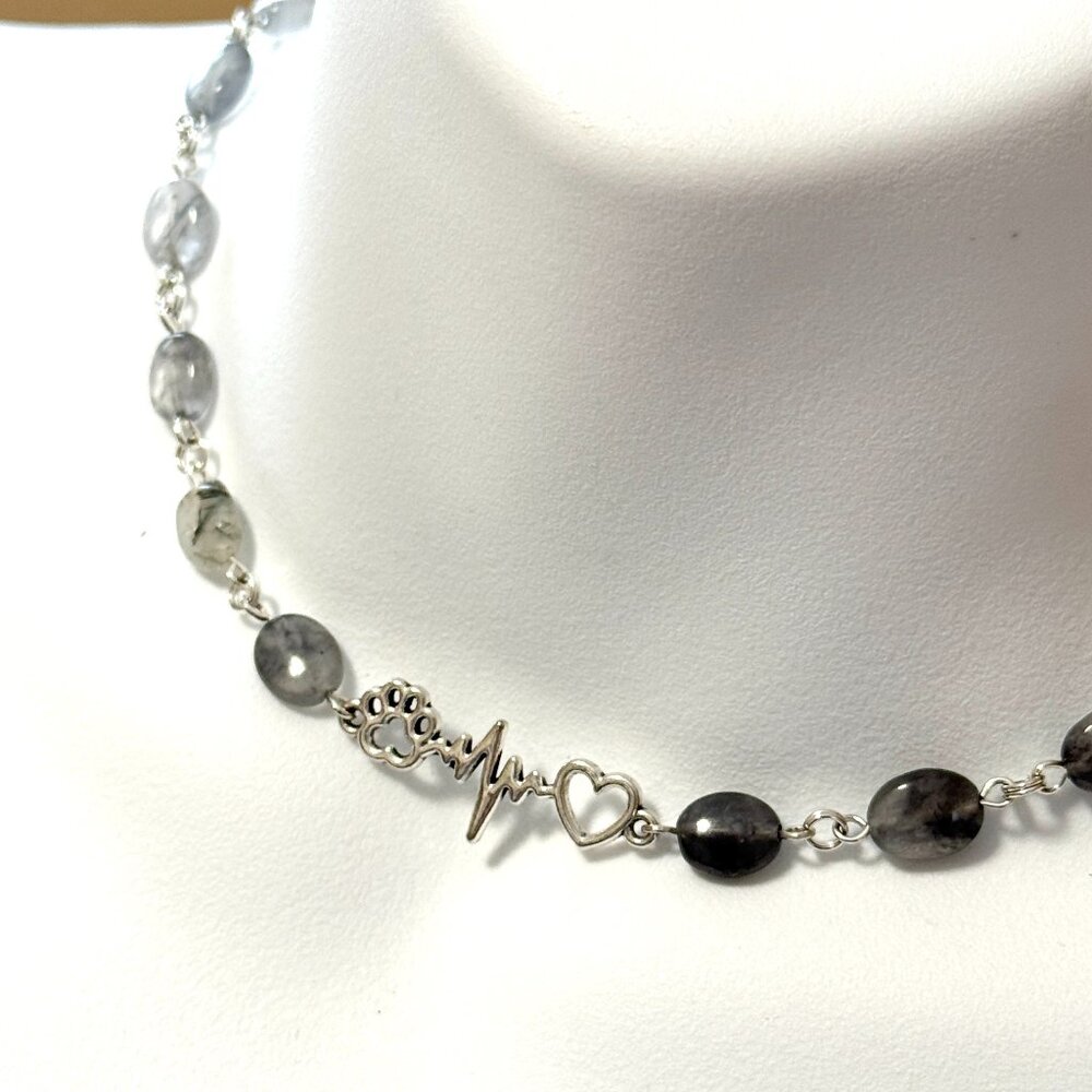 Genuine Grey Tourmalinated Quartz Short Necklace,Gemstone & Paw Print Heart Beat